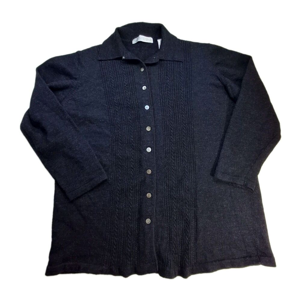 100% Merino Wool Sz 2X Valerie Steven's Button Up Cardigan 3/4 Sleeve Black